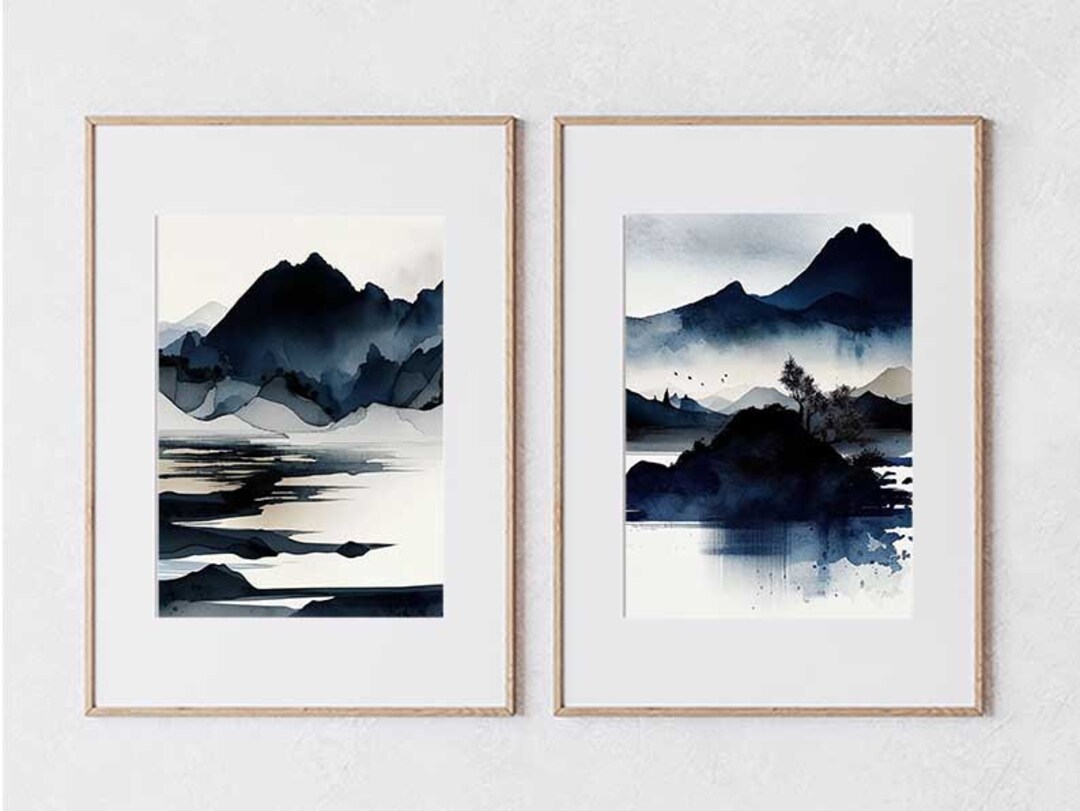 Watercolor Landscape Art, Set of 2 Farmhouse Wall Art, Digital Art