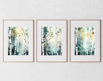Aquarell Birken Bäume, 3er Set, Bauernhaus Wanddekor, Botanische Drucke, Pflanzen Kunst, Bauernhaus Dekor, Küchen Wanddekor, Aquarell Kunst