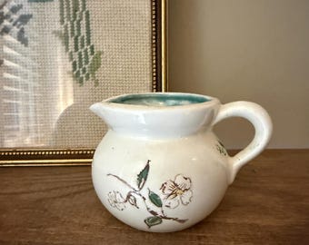Vintage Hand Painted Ceramic Creamer, Small White Pottery Pitcher, Floral Dogwood Design