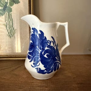 Vintage Cash Family Pottery Pitcher, Hand Painted Blue Floral, Erwin Tennessee Clinchfield Artware