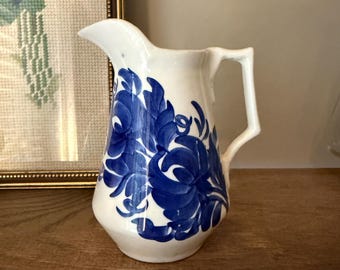 Vintage Cash Family Pottery Pitcher, Hand Painted Blue Floral, Erwin Tennessee Clinchfield Artware
