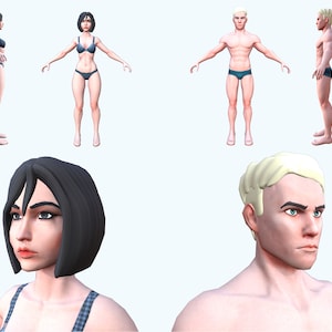 Puede incluir: Dos figuras renderizadas en 3D, un hombre y una mujer, se muestran en diferentes poses. La figura masculina tiene el pelo corto y rubio y lleva un bañador azul. La figura femenina tiene el pelo corto y negro y lleva un bikini negro. Ambas figuras se muestran de frente y de perfil.