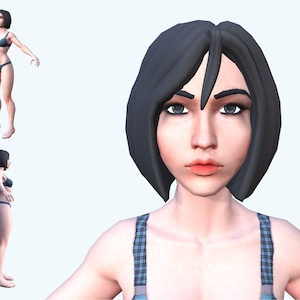 Può includere: Una figura femminile renderizzata in 3D in bikini blu. La figura è mostrata da più angolazioni, tra cui un'inquadratura a figura intera e un primo piano del viso. La donna ha i capelli corti neri e la pelle chiara.