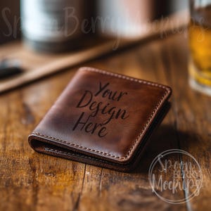 Carteira de couro Mockup, Design Display Sell Photo, Carteira marrom em branco Mock Up, Mockup de carteira, Carteira masculina simples Bill Fold, Couro queimando