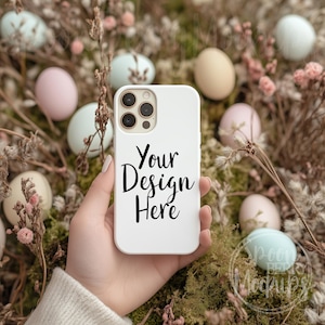 Mockup di cover per telefono di Pasqua, design display vendita foto, mockup di cover per telefono bianco vuoto, custodia per telefono che tiene in mano, iPhone Android Cell Rustic JPG