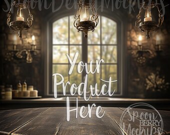 Product Display Table Mockup, Insert Your Item Background, Print on Demand Stock Photo, Dark Candle Display, Cake, Mug, Frame Sell Photo Set