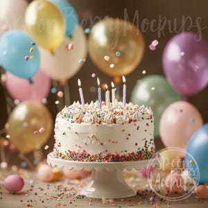 Cake Mockup, White Confetti Blank Dessert Mock Up, Instant Digital Download Template Styled Stock Picture, Sprinkles Birthday Candles Party