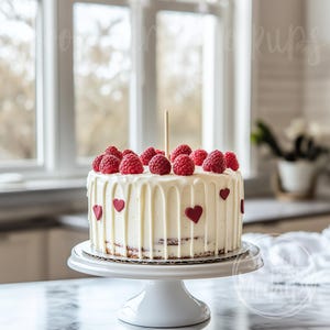 May include: A white cake with red raspberries and white chocolate drizzle on top. The cake is decorated with red heart-shaped candies and is on a white cake stand.
