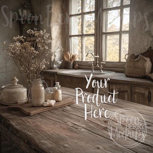 May include: A rustic wooden table with a wooden cutting board, jars, and bottles. The table is in a kitchen with a window and a sink. The text "Your Product Here" is written on the table.
