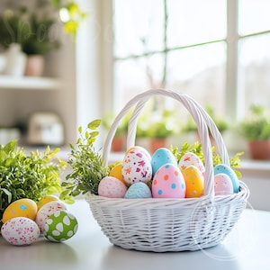 May include: A white wicker basket filled with colorful Easter eggs. The eggs are painted with various patterns and designs, including polka dots, stripes, and flowers.