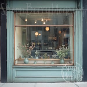 May include: A storefront window with a light blue frame and a wooden shelf displaying small potted plants and flowers. The window is decorated with a variety of greenery, including ferns, succulents, and flowering plants. The window is lit by several light bulbs, creating a warm and inviting atmosphere.