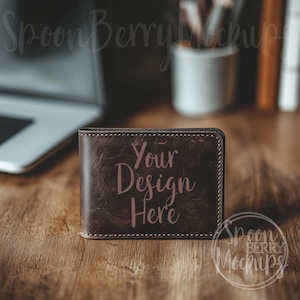 Carteira de couro Mockup, Design Display Sell Photo, Carteira marrom escura em branco Mock Up, Mockup de carteira, Simple Men Bill Fold, Couro queimando