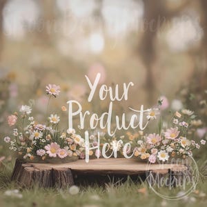 May include: A rustic wooden tree stump with a flat top, surrounded by a bed of pink and white flowers. The text "Your Product Here" is written in white on the stump.
