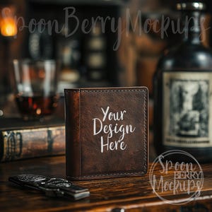 Brieftasche Mockup, Blank Braun Leder MockUp, Vorlage Benutzerdefinierte Foto, Laser Gravur Monogramm, Hochzeit Bräutigam, Vatertag, Papa Geburtstagsgeschenk