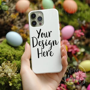 Mockup di cover per telefono di Pasqua, design display vendita foto, mockup di cover per telefono bianco vuoto, custodia per telefono che tiene in mano, iPhone Android Cell Pastel JPG