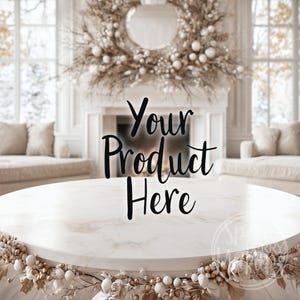 May include: A white round table with a marble top sits in a room with a fireplace and a wreath hanging above it. The text "Your Product Here" is written on the table.