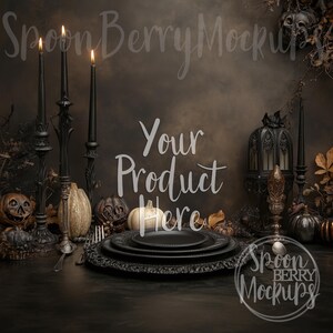 May include: A dark, moody Halloween-themed mock-up featuring black plates, candles, and pumpkins. The scene includes a decorative lantern, a fork, and a candle holder. The text "Your Product Here" is overlaid on the image, suggesting a product placement opportunity.