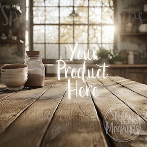 May include: A rustic wooden table with a glass jar filled with brown grains and a stack of white ceramic bowls. The table is in a kitchen setting with a window in the background. The text "Your Product Here" is written on the table.