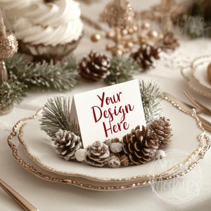 Mockup de cartão de lugar de mesa, mockup de placa em branco, modelo de download digital instantâneo, foto de estoque estilizada, marcador de casamento de inverno, babá de Natal JPG