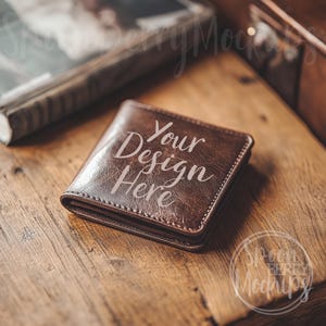 Carteira de couro Mockup, Design Display Sell Photo, Carteira marrom escura em branco Mock Up, Mockup de carteira, Rustic Man Bill Fold, Leather Engraving