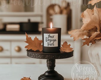 Candle Mockup, Black Glass Tag Mock Up, Instant Digital Download Print on Demand Stock Photo, Fall Autumn Label Branding Names Stickers Eco