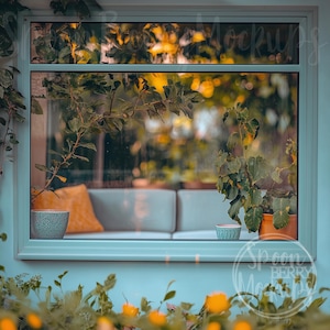 May include: A view through a window with a light blue frame, showing a couch and plants in a backyard setting. The window is framed by green foliage.