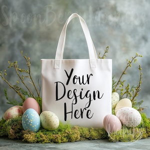 Mockup draagtas Pasen, ontwerp display verkoop foto, lege witte draagtas mock-up, canvas tas mockup, mockup van Egg Hunt-tas, riem lentekind