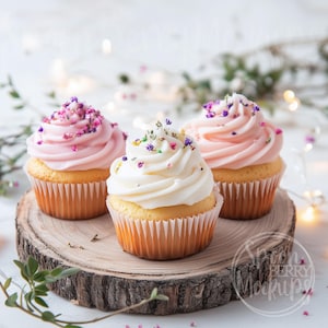 May include: Three cupcakes with pink and white frosting decorated with colorful sprinkles. The cupcakes are on a wooden slice.