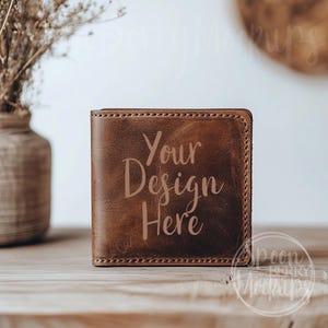 Carteira de couro Mockup, Design Display Sell Photo, Carteira marrom escura em branco Mock Up, Mockup de carteira, Modern Men Bill Fold, Couro queimando