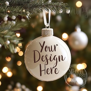May include: A white Christmas bauble with the text "Your Design Here" hanging on a Christmas tree.