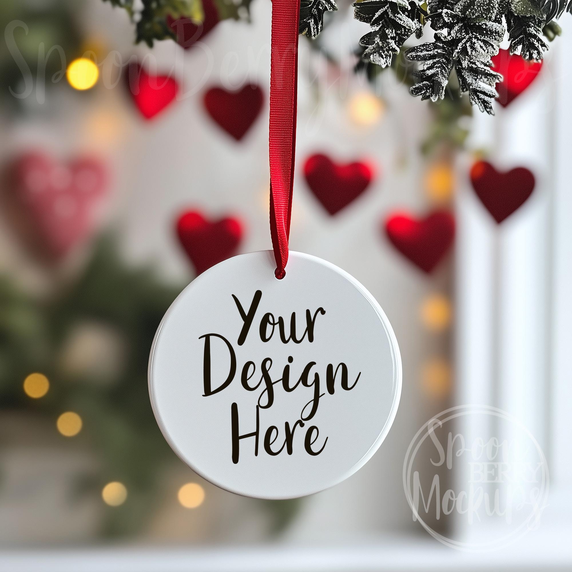 Ornament Mockup, Product Display Sell Photo, Hanging White Ceramic Disk Mock Up, Vinyl Sticker Tag Blank, Wedding Favor, Valentines Day Gift