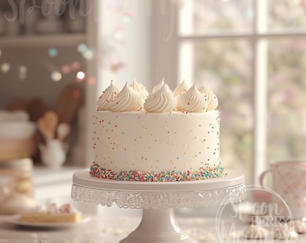 May include: A white cake with white frosting and colorful sprinkles on a white cake stand. The cake is decorated with swirls of frosting.