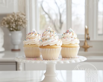 May include: Three white cupcakes with vanilla frosting and colorful sprinkles on a white cake stand. The cupcakes are on a white surface with a window in the background.