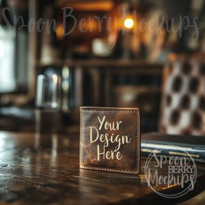 Brieftaschen-Mockup, leeres braunes Leder, Vorlage, kundenspezifische Foto-Lasergravur, Monogramm, Hochzeit, Bräutigam, Vatertag, Vatertag, Vatertag, JPG