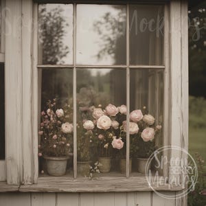 Pode incluir: Uma janela vintage com vista para um jardim. A janela é emoldurada em madeira branca e tem várias janelas. Há cinco vasos de flores cor-de-rosa na janela.