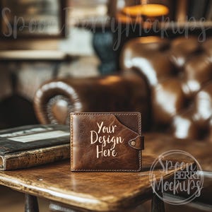 Brieftasche Mockup, Blank Braun Leder Mock Up, Vorlage Custom Stock Foto Laser Gravur Monogramm, Hochzeit Bräutigam Vatertag Papa Geburtstagsgeschenk