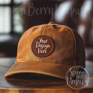 Puede incluir: Una gorra de béisbol marrón con un parche de cuero marrón que dice "Your Design Here" en texto blanco.