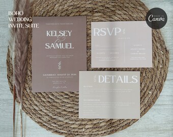 Boho Wedding Invitation Template, Boho Wedding Invite, Invitation Suite, Canva Wedding Invitation, Editable Wedding Invite, Instant Download