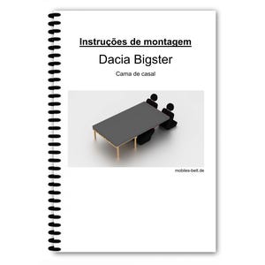 Könnte beinhalten: Ein weißes Handbuch mit schwarzer Spiralbindung. Auf dem Cover steht "Instruções de montagem Dacia Bigster Cama de casal" über einer Grafik eines grauen Tisches mit zwei schwarzen Figuren.