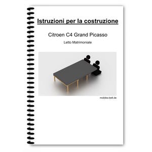 May include: Instructions for building a bed frame based on the Citroen C4 Grand Picasso. The image shows a black bed frame with wooden legs and two stick figures sitting on the bed.