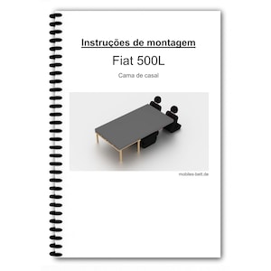 Könnte beinhalten: Ein spiralgebundenes Handbuch mit dem Titel "Instruções de montagem" und "Fiat 500L". Das Bild zeigt einen grauen Tisch mit zwei schwarzen Stühlen und zwei Strichmännchen. Der Text "Cama de casal" ist ebenfalls sichtbar.