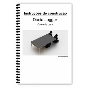 Könnte beinhalten: Ein spiralgebundenes Handbuch mit dem Titel "Instruções de construção" und dem Text "Dacia Jogger" und "Cama de casal." Das Bild zeigt einen grauen Tisch mit zwei Strichmännchen. Die Website "mobiles-bett.de" ist sichtbar.