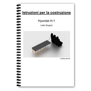 May include: Instructions for building a Hyundai H-1 single bed. The image shows a black and white illustration of a bed frame with a person sitting on it.