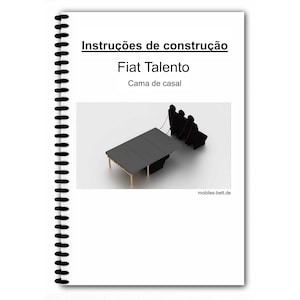 Könnte beinhalten: Ein spiralgebundenes Handbuch mit dem Titel "Instruções de construção" und dem Text "Fiat Talento Cama de casal". Es zeigt eine Abbildung eines Bettes mit einer dunkelgrauen Oberfläche und Holzbeinen.