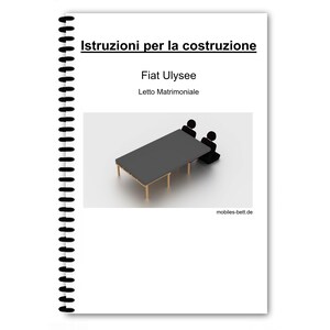 May include: Instructions for building a Fiat Ulysee double bed. The image shows a 3D rendering of a bed frame with two stick figures sitting on it.
