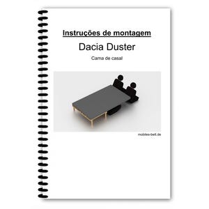 Op de afbeelding: Een spiraalgebonden handleiding met de titel "Instruções de montagem Dacia Duster Cama de casal." De illustratie toont een grijs bed met twee stokfiguren. De website-adres "mobiles-bett.de" is zichtbaar.