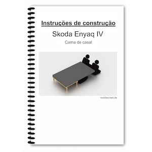 May include: A spiral-bound manual titled "Instruções de construção" and "Skoda Enyaq IV". The image features a 3D illustration of a bed with two stick figures. The website "mobiles-bett.de" is visible.