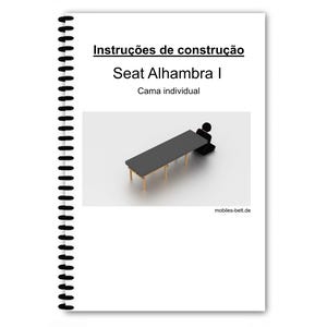 Könnte beinhalten: Ein spiralgebundenes Handbuch mit dem Titel "Instruções de construção" und "Seat Alhambra I." Das Bild zeigt einen schwarzen Tisch mit hellbraunen Beinen und einer Strichmännchen-Figur. Die Website "mobiles-bett.de" ist sichtbar.