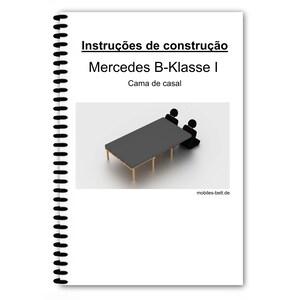 Könnte beinhalten: Ein spiralgebundenes Handbuch mit dem Titel "Instruções de construção" und "Mercedes B-Klasse I". Das Bild zeigt ein 3D-Rendering eines schwarzen Tisches mit zwei Strichmännchen. Die Website "mobiles-bett.de" ist sichtbar.