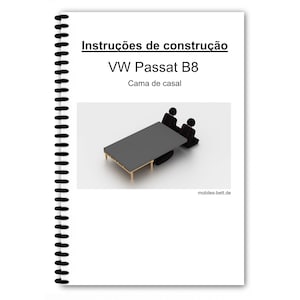Könnte beinhalten: Ein spiralgebundenes Handbuch mit dem Text "Instruções de construção" und "VW Passat B8". Das Bild zeigt einen grauen Bettrahmen mit zwei schwarzen Figuren, die an einem Tisch sitzen. Die Website "mobiles-bett.de" ist sichtbar.
